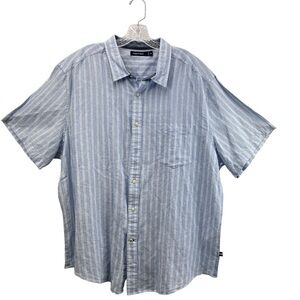 Nautica Linen Blend Blue White Striped Button Up Short Sleeve Shirt SZ XXL